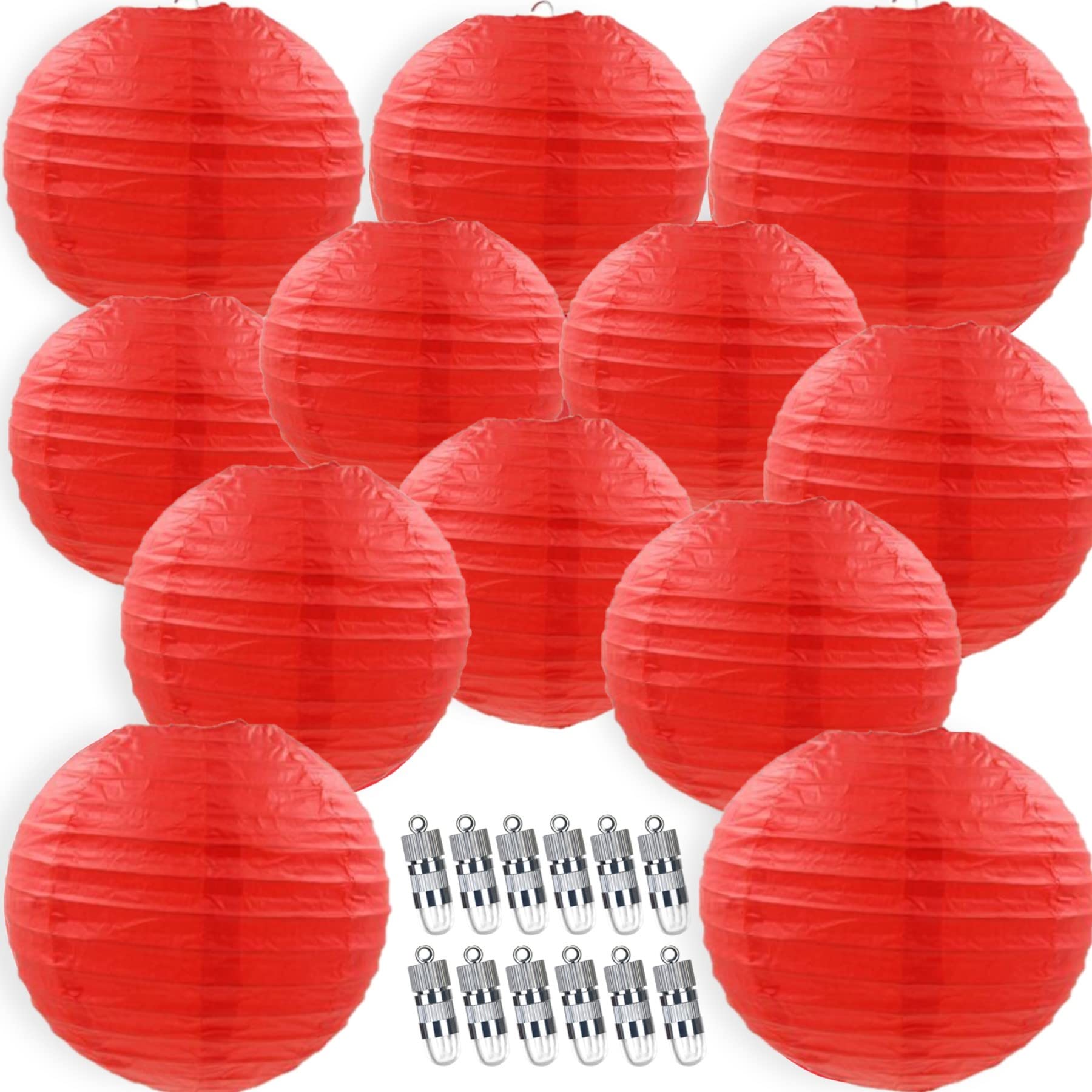 12 Pcs Red Paper Lanterns with 12 Pcs White LED Lights, 6